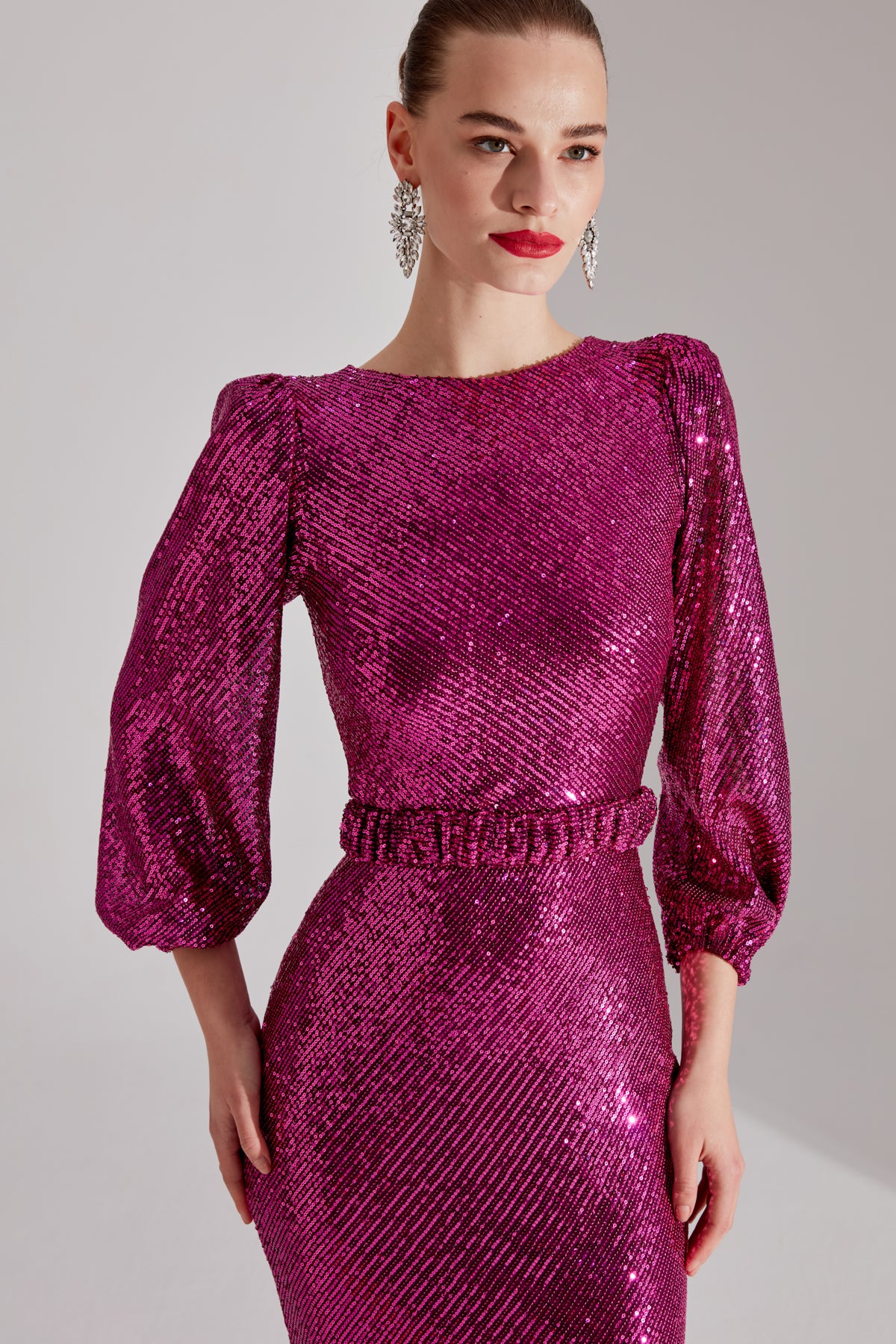 GRACE Glänzendes Pailletten FUCHSIA Ballonärmel Maxikleid Abendkleid