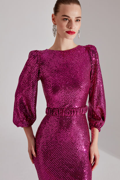 GRACE Glänzendes Pailletten FUCHSIA Ballonärmel Maxikleid Abendkleid