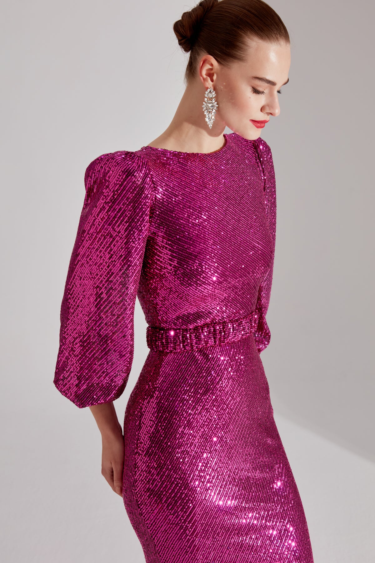 GRACE Glänzendes Pailletten FUCHSIA Ballonärmel Maxikleid Abendkleid