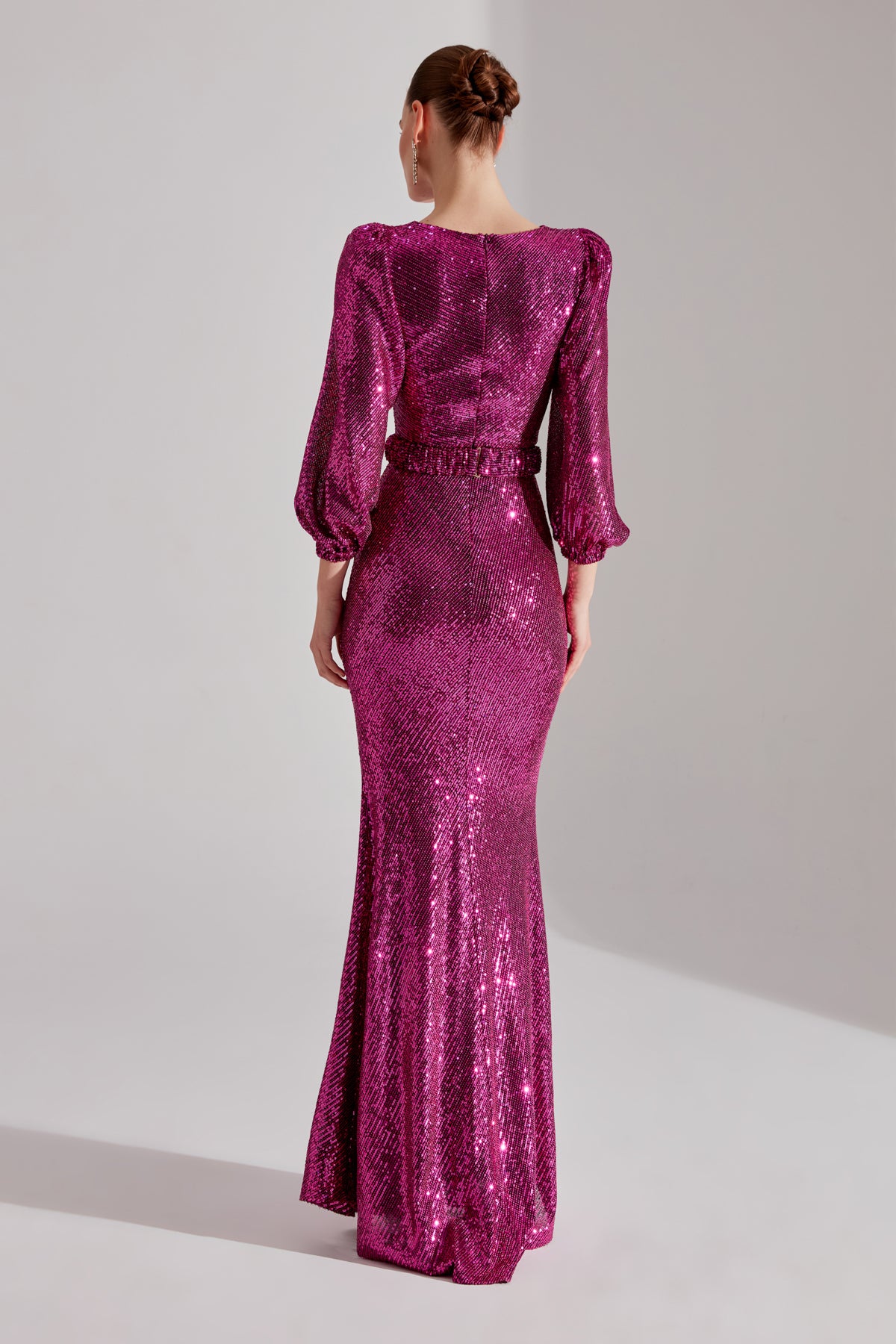 GRACE Glänzendes Pailletten FUCHSIA Ballonärmel Maxikleid Abendkleid