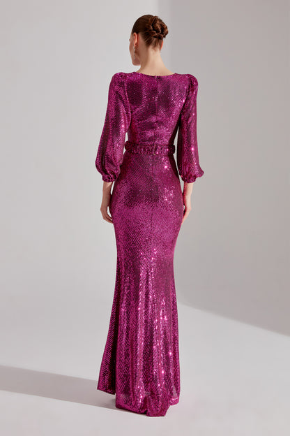 GRACE Glänzendes Pailletten FUCHSIA Ballonärmel Maxikleid Abendkleid