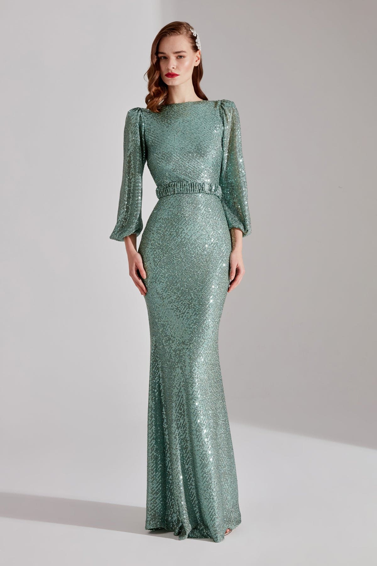 GRACE Shimmering Sequin AQUA GREEN Balloon Sleeve Maxi Evening Dress