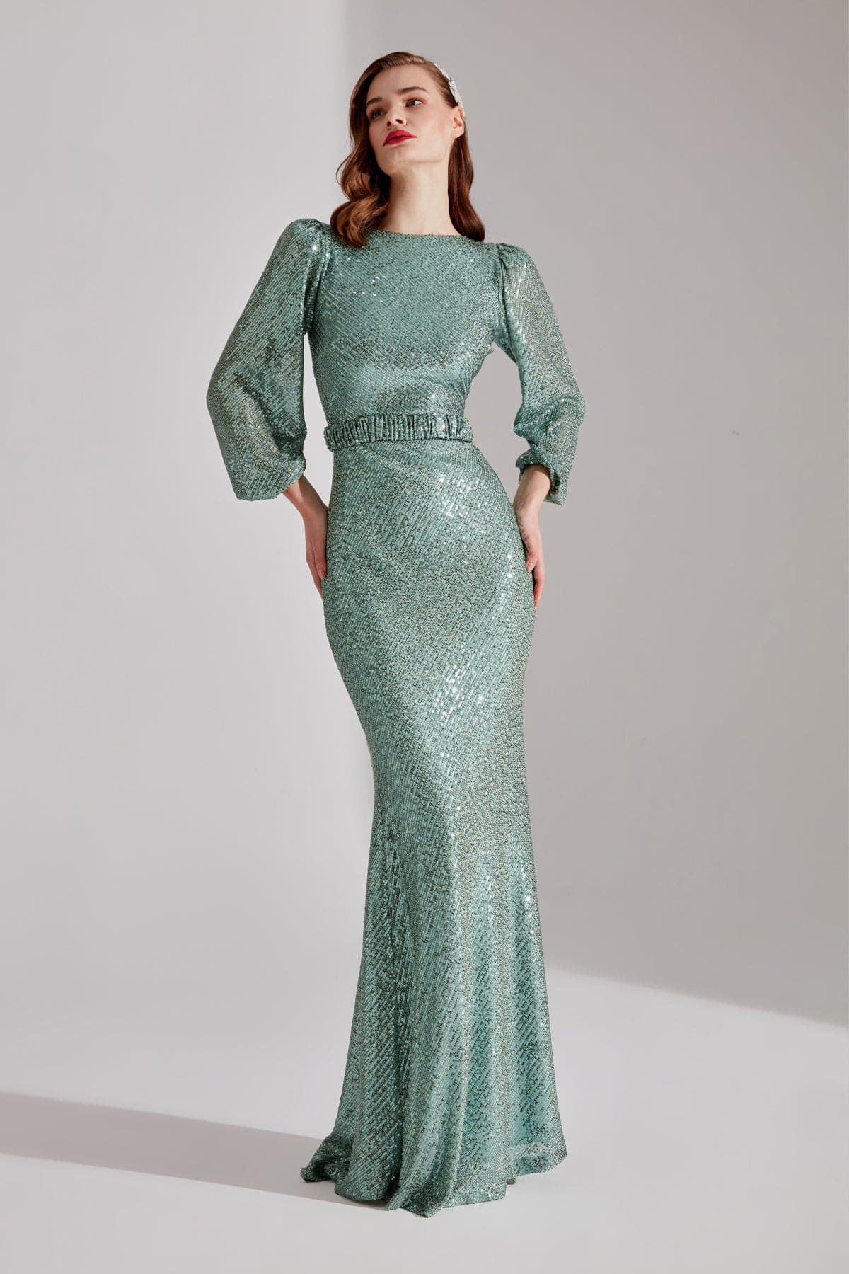 GRACE Shimmering Sequin AQUA GREEN Balloon Sleeve Maxi Evening Dress