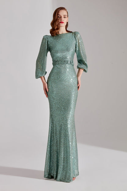 GRACE Shimmering Sequin AQUA GREEN Balloon Sleeve Maxi Evening Dress
