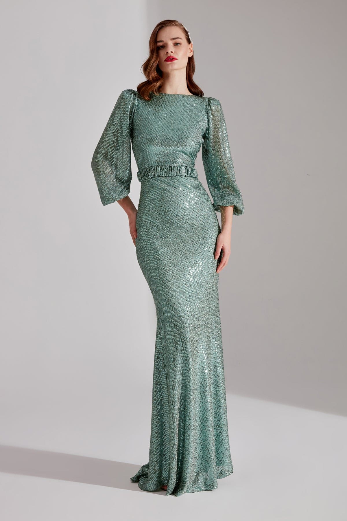 GRACE Shimmering Sequin AQUA GREEN Balloon Sleeve Maxi Evening Dress