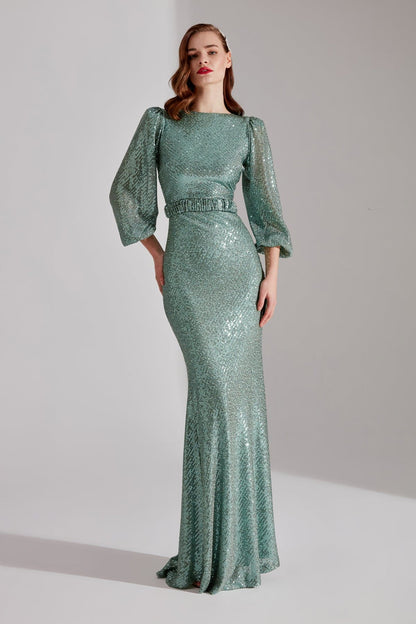 GRACE Shimmering Sequin AQUA GREEN Balloon Sleeve Maxi Evening Dress