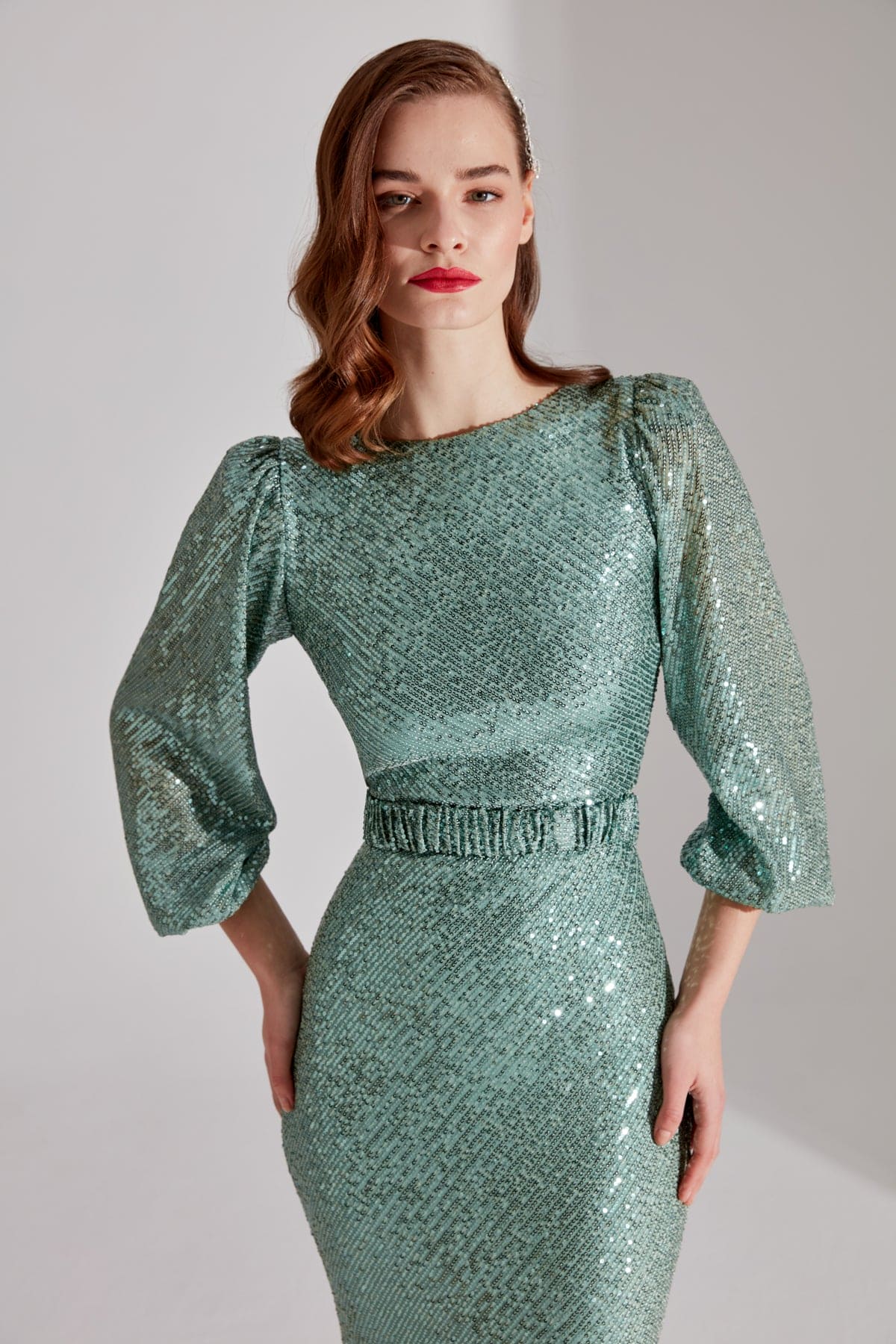 GRACE Shimmering Sequin AQUA GREEN Balloon Sleeve Maxi Evening Dress