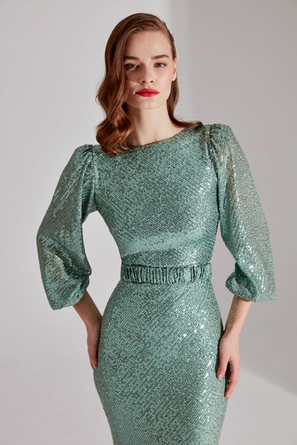 GRACE Shimmering Sequin AQUA GREEN Balloon Sleeve Maxi Evening Dress
