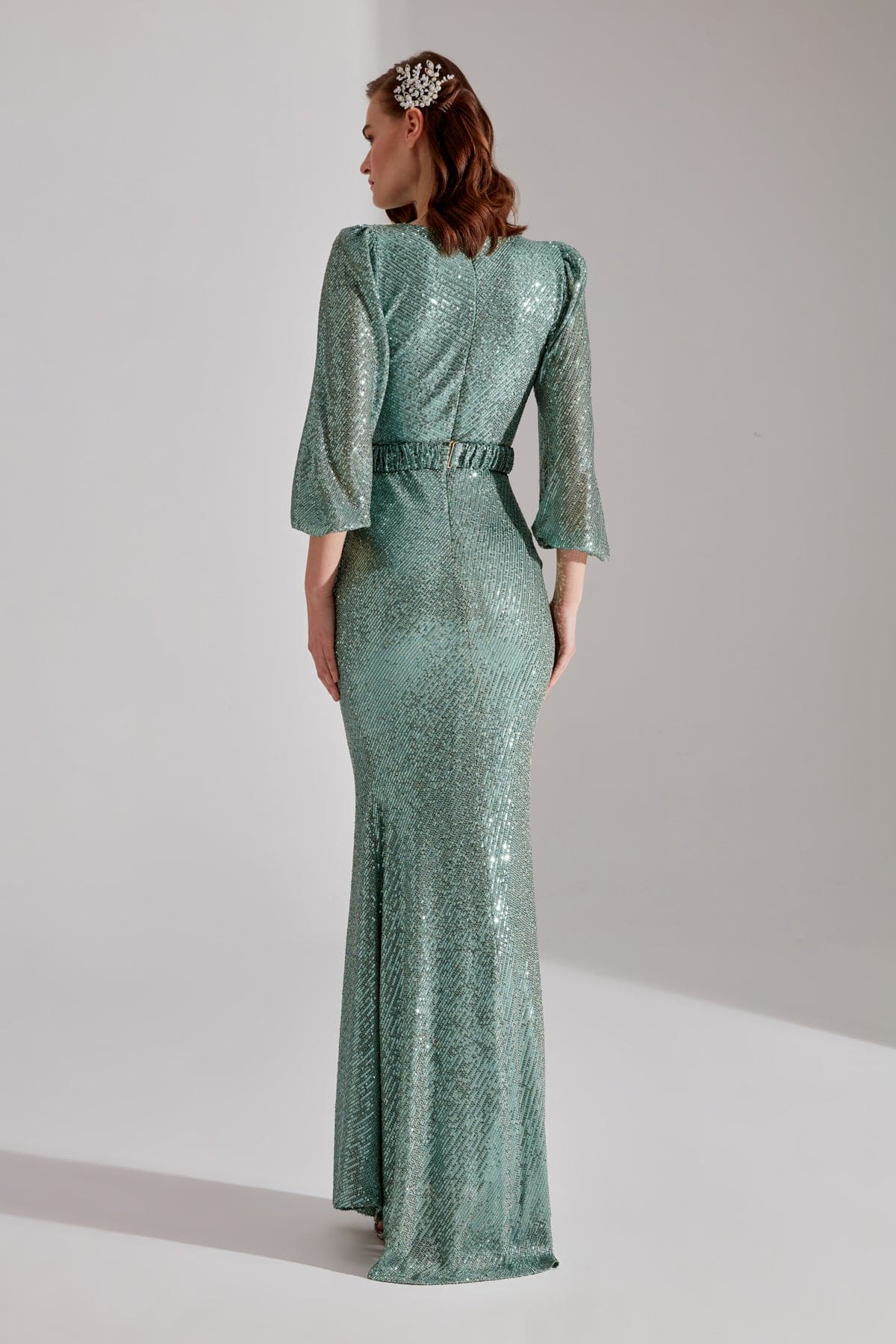 GRACE Shimmering Sequin AQUA GREEN Balloon Sleeve Maxi Evening Dress