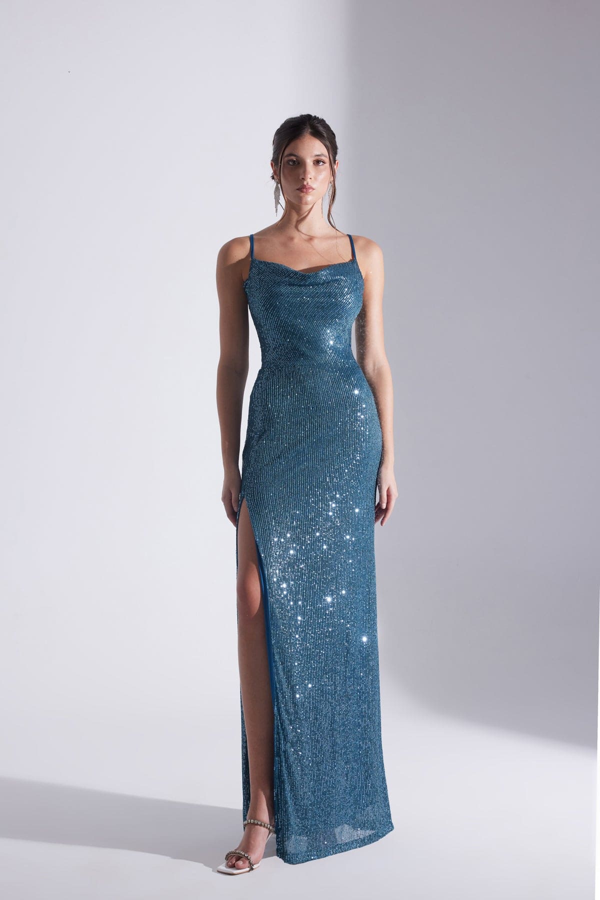 Halter Neck Slit Sequin PETROL BLUE Evening Dress
