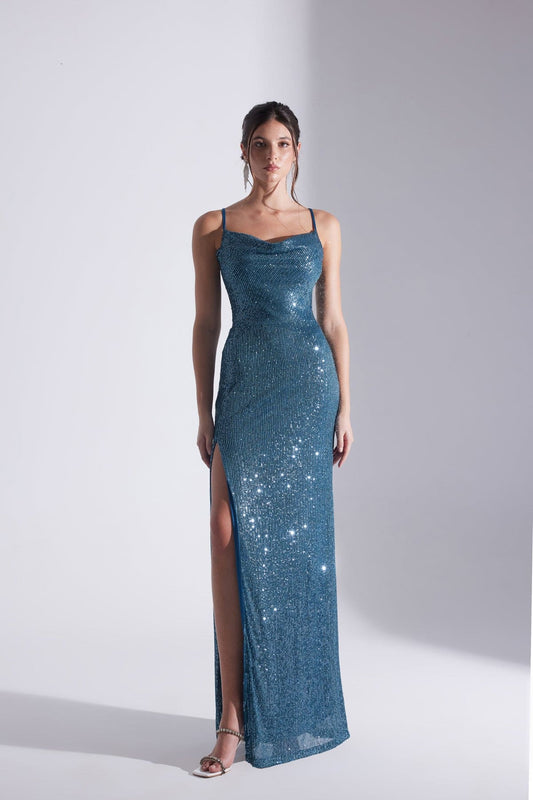 Halter Neck Slit Sequin PETROL BLUE Evening Dress