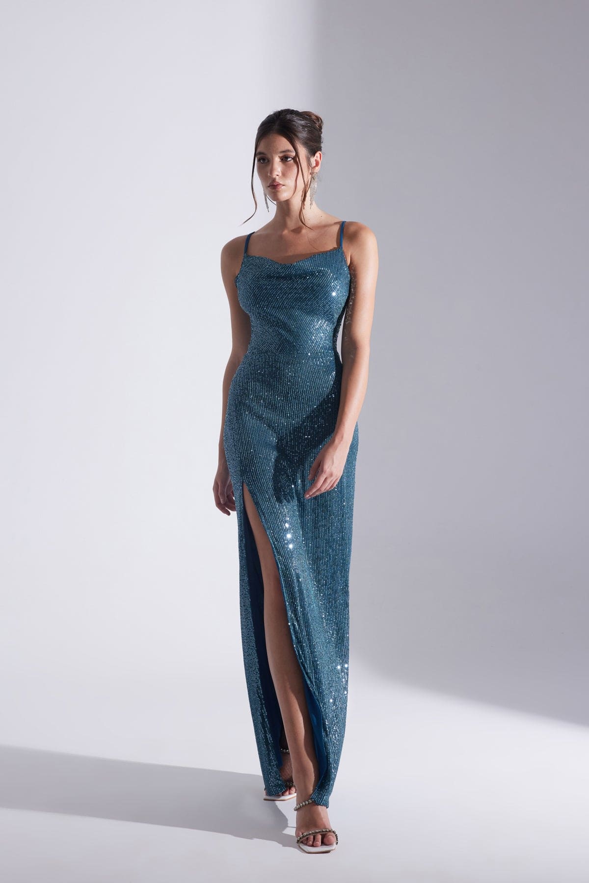 Halter Neck Slit Sequin PETROL BLUE Evening Dress