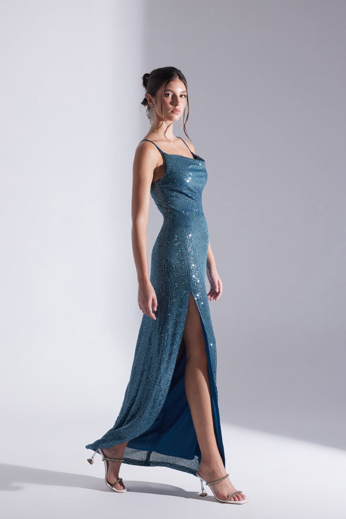 Halter Neck Slit Sequin PETROL BLUE Evening Dress