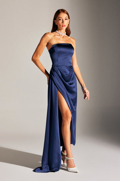 MORIE DARK BLUE STRAPLESS EVENING DRESS