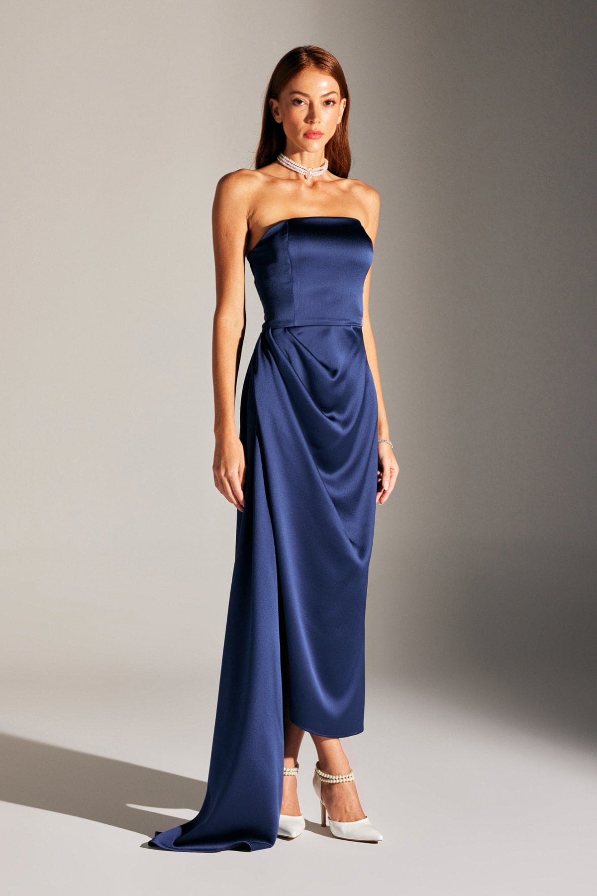MORIE DARK BLUE STRAPLESS EVENING DRESS