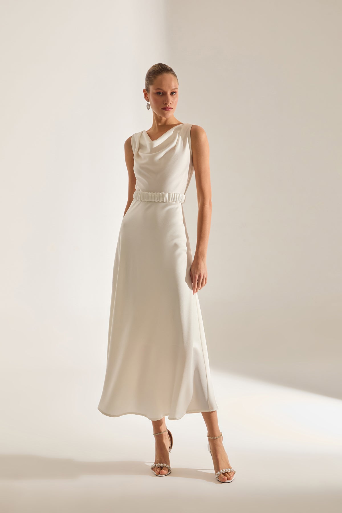 Marina Kolsuz Degaje Neck Flared Skirt White Engagement Dress