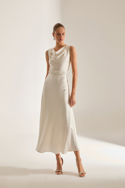 Marina Kolsuz Degaje Neck Flared Skirt White Engagement Dress