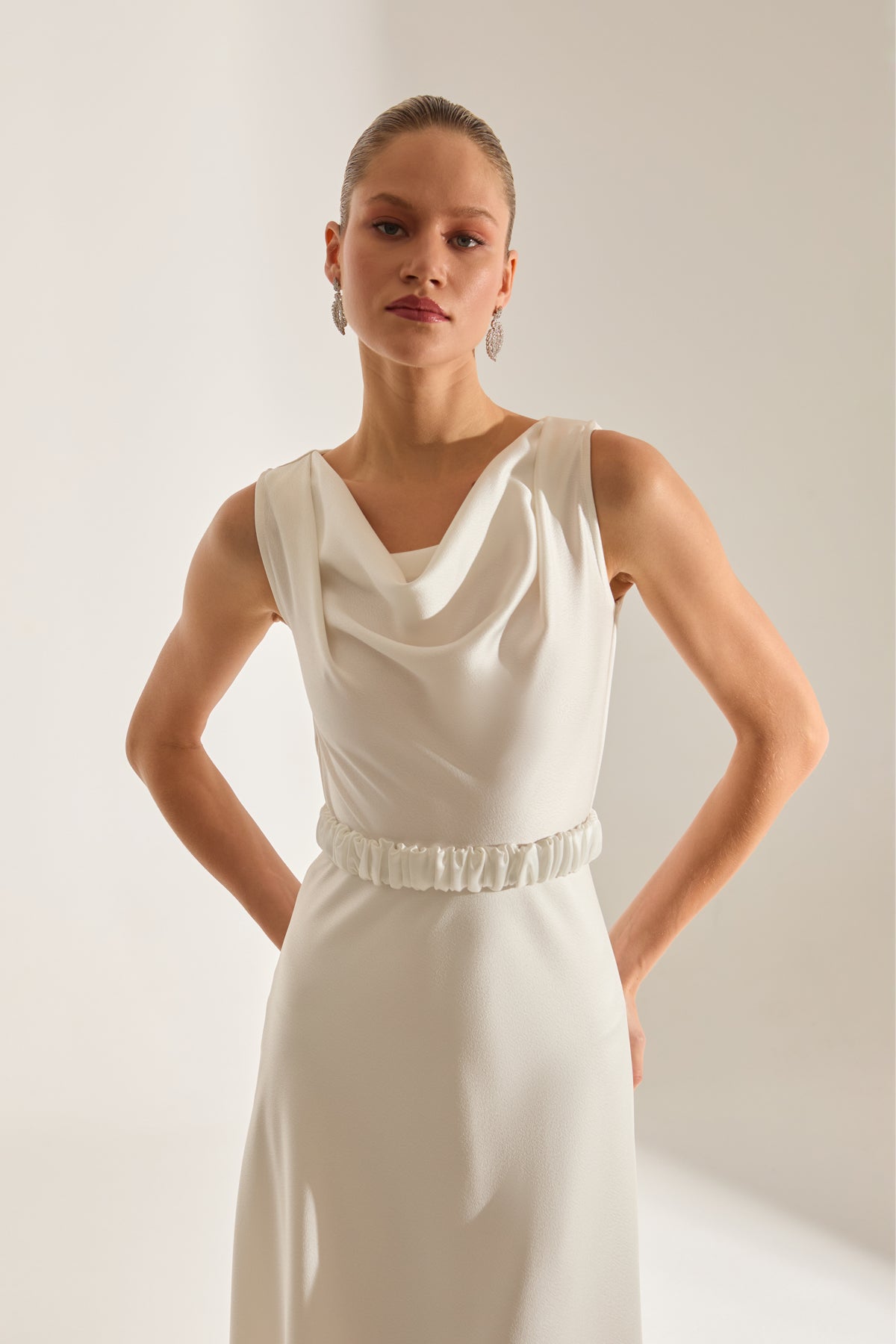 Marina Kolsuz Degaje Neck Flared Skirt White Engagement Dress