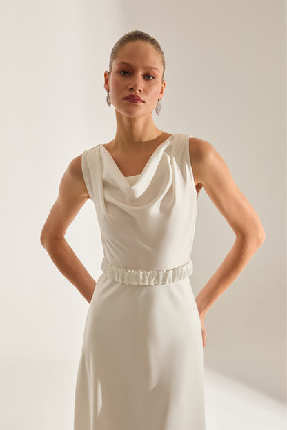 Marina Kolsuz Degaje Neck Flared Skirt White Engagement Dress
