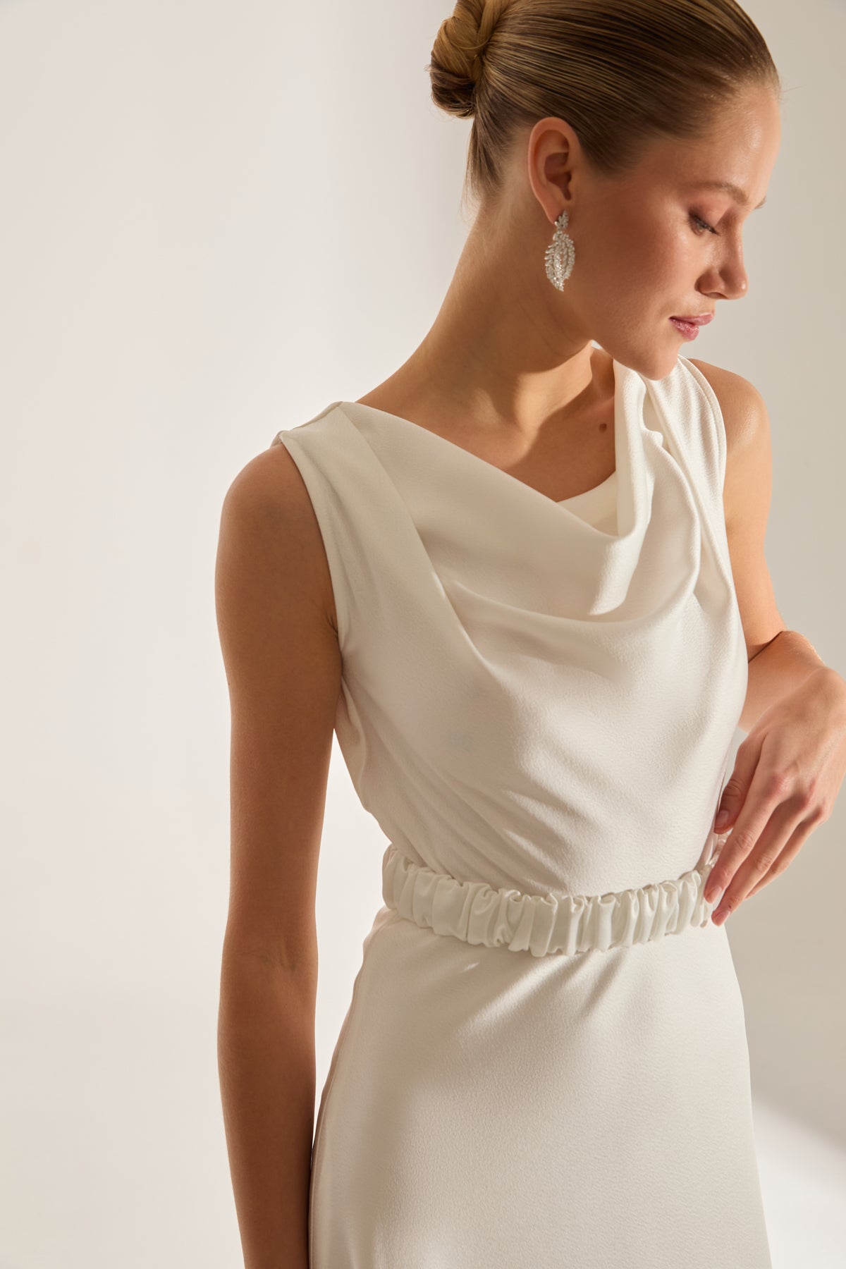 Marina Kolsuz Degaje Neck Flared Skirt White Engagement Dress