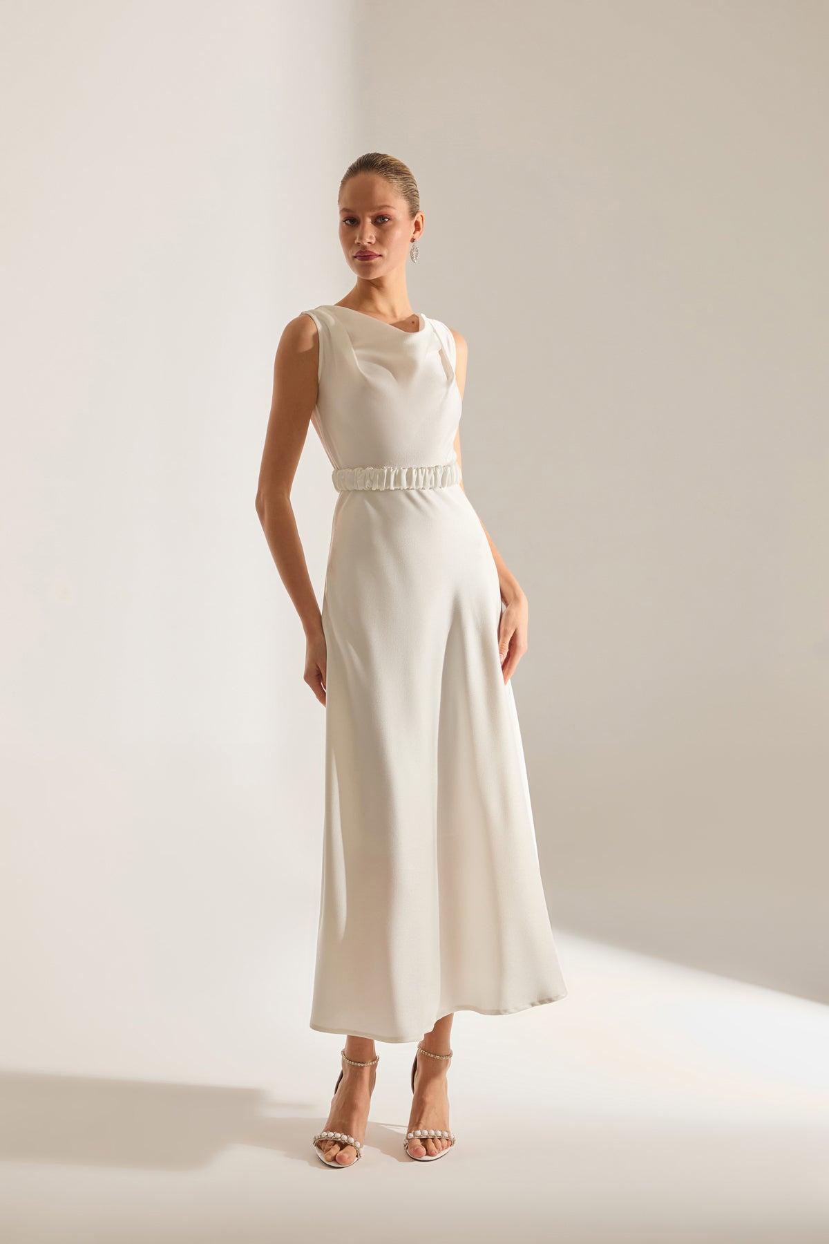 Marina Kolsuz Degaje Neck Flared Skirt White Engagement Dress