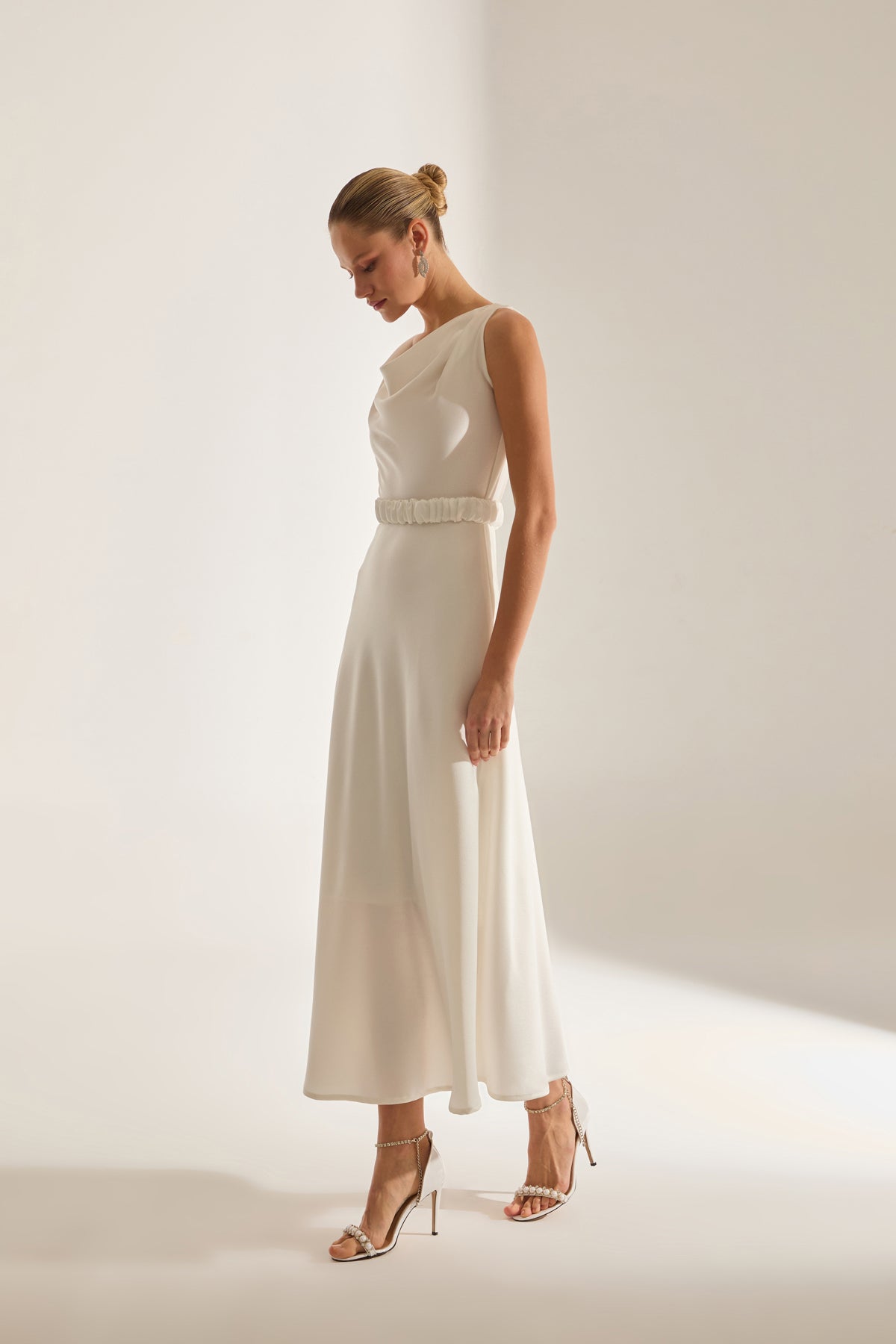 Marina Kolsuz Degaje Neck Flared Skirt White Engagement Dress