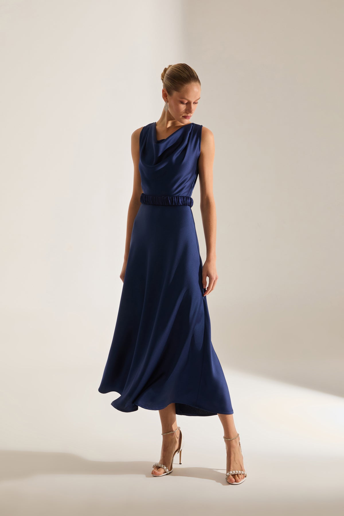 Marina Kolsuz Degaje Neck Flared Skirt Dark Blue Engagement Dress