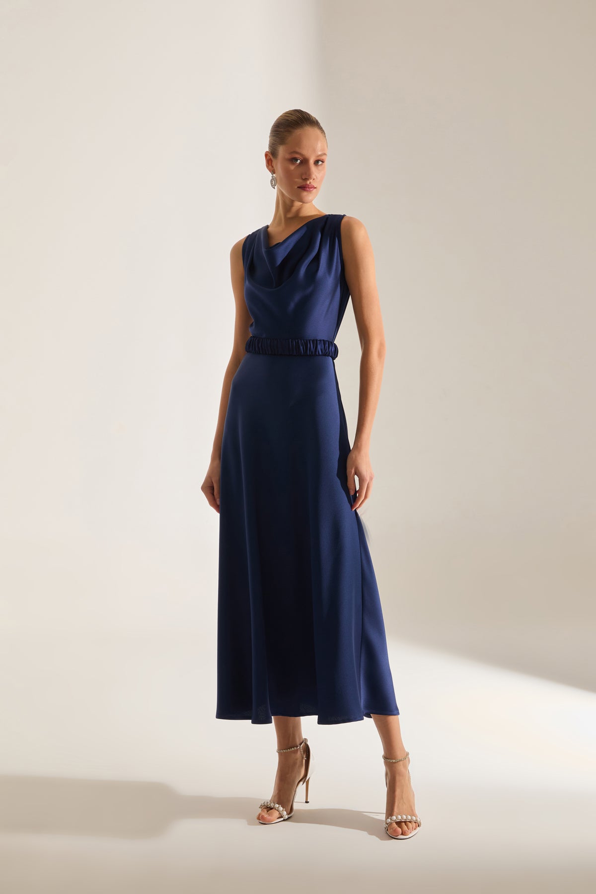 Marina Kolsuz Degaje Neck Flared Skirt Dark Blue Engagement Dress