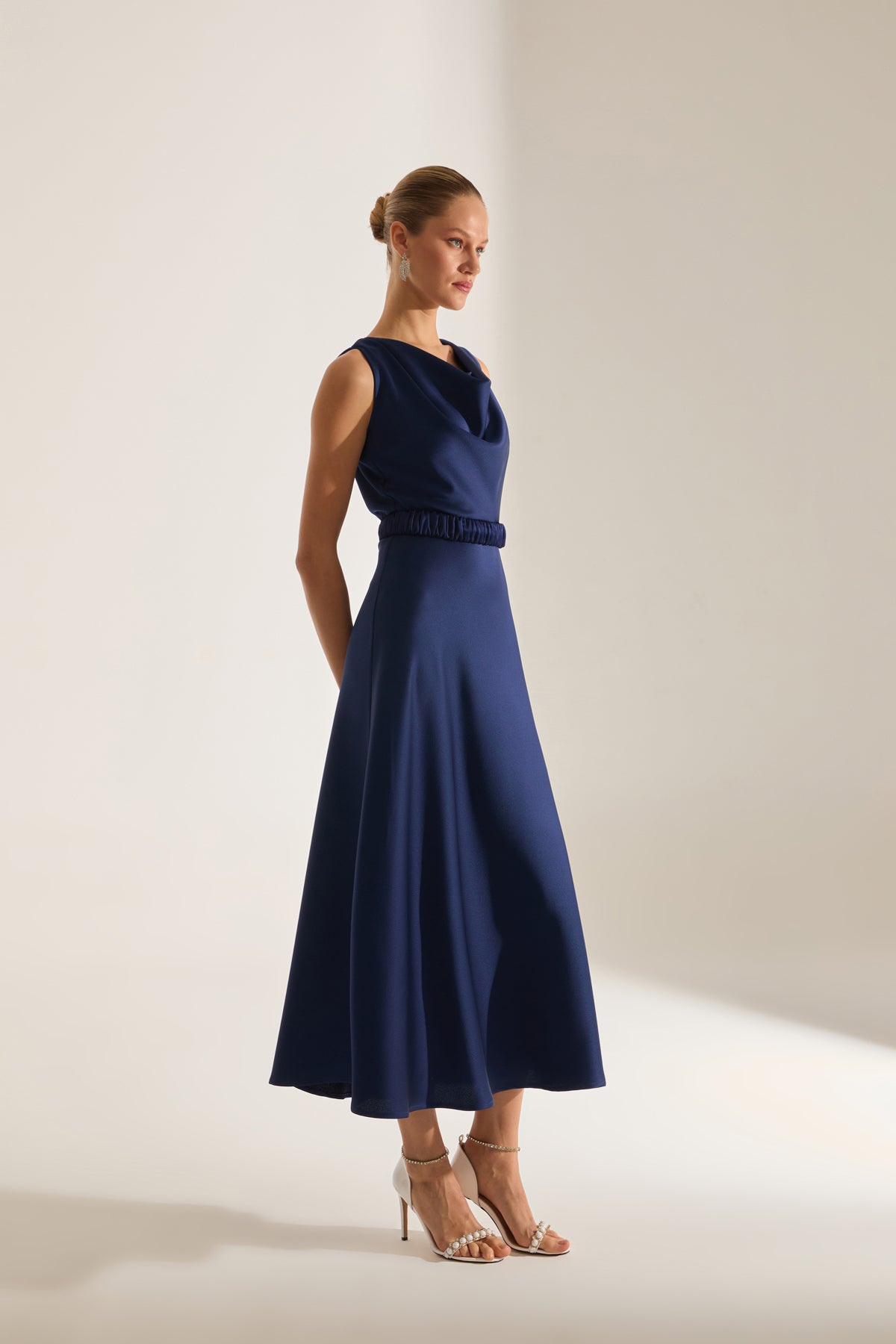 Marina Kolsuz Degaje Neck Flared Skirt Dark Blue Engagement Dress