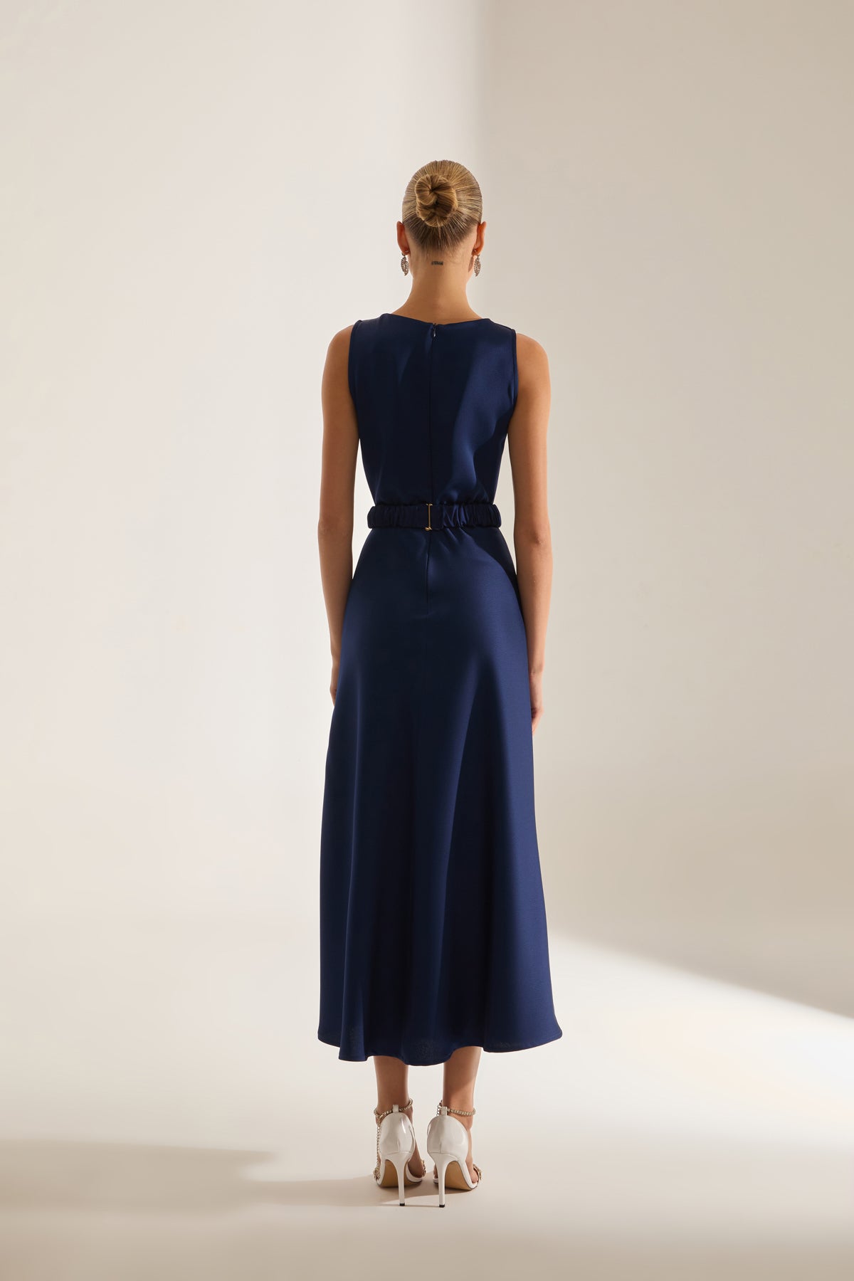 Marina Kolsuz Degaje Neck Flared Skirt Dark Blue Engagement Dress