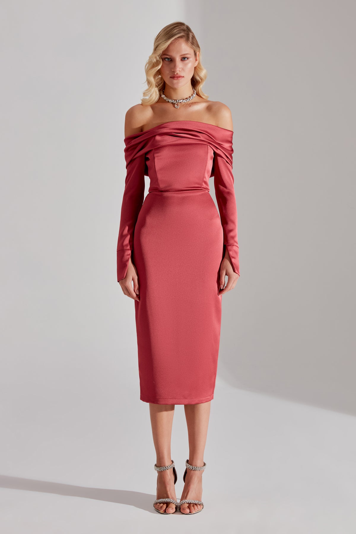 Nancy VENICE RED Off-Shoulder Pencil Skirt Dress