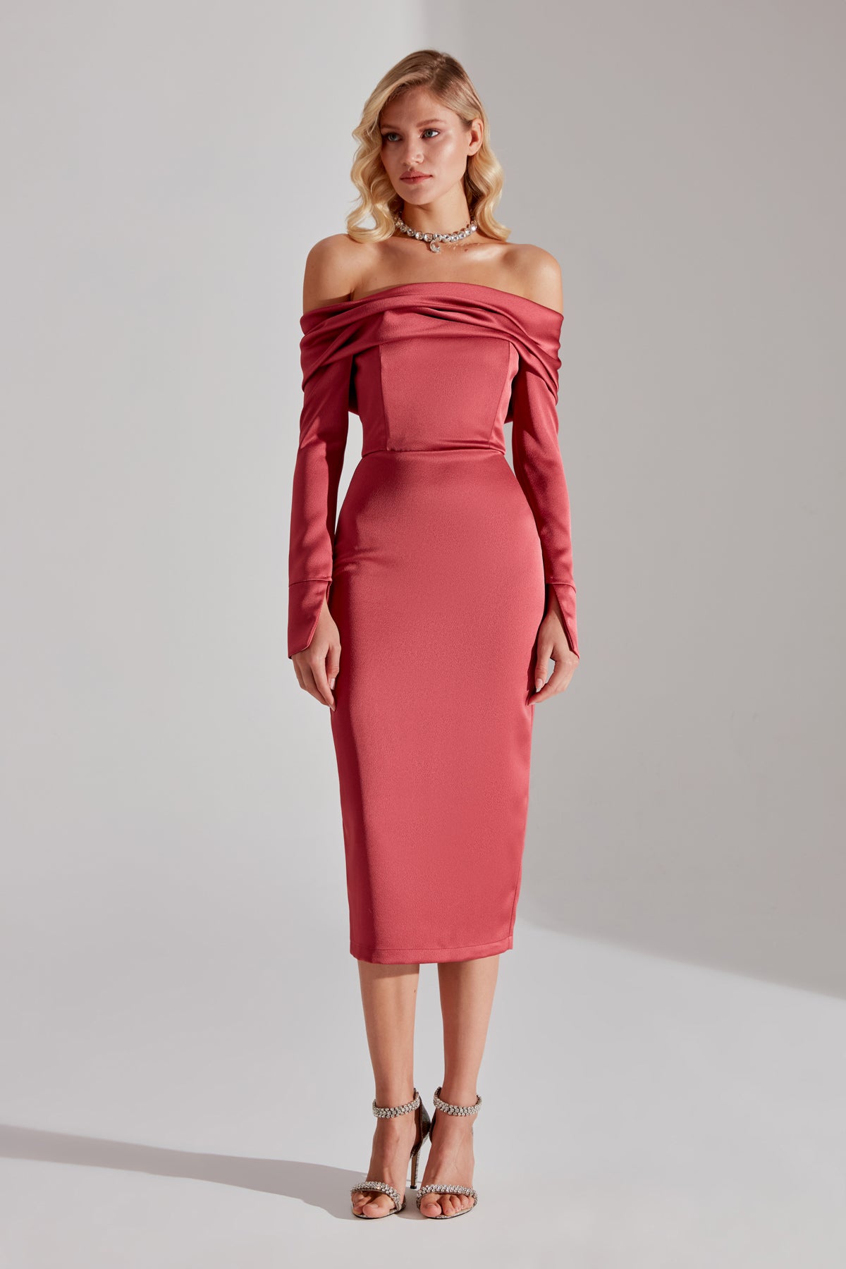 Nancy VENICE RED Off-Shoulder Pencil Skirt Dress