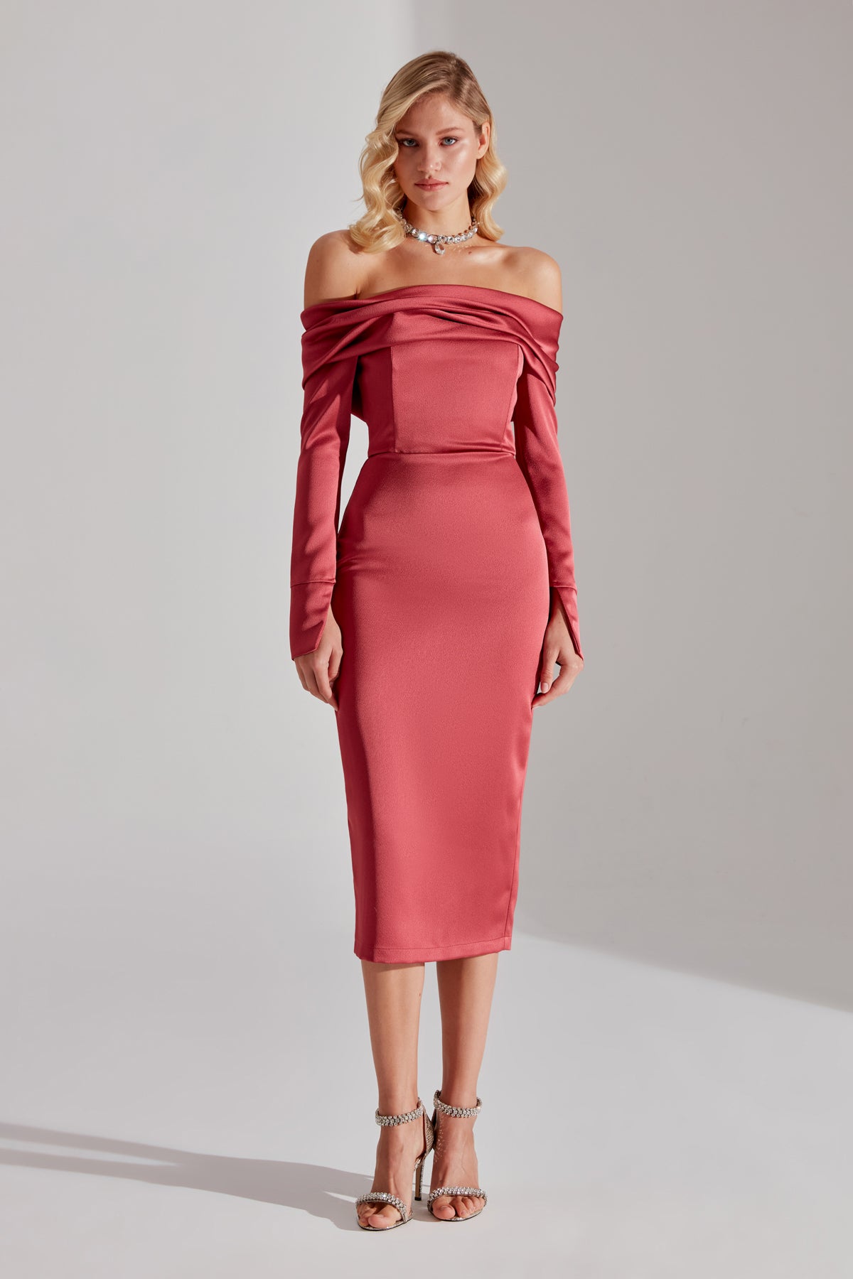 Nancy VENICE RED Off-Shoulder Pencil Skirt Dress
