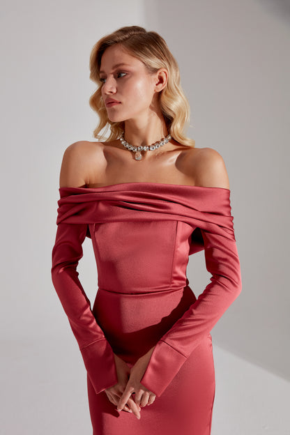Nancy VENICE RED Off-Shoulder Pencil Skirt Dress
