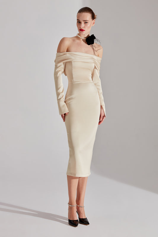 Nancy CHAMPAGNE Off-Shoulder Pencil Skirt Dress
