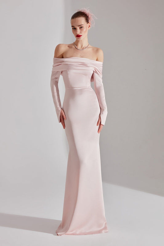 Clara Off-Shoulder Powder Fish Tail Dress