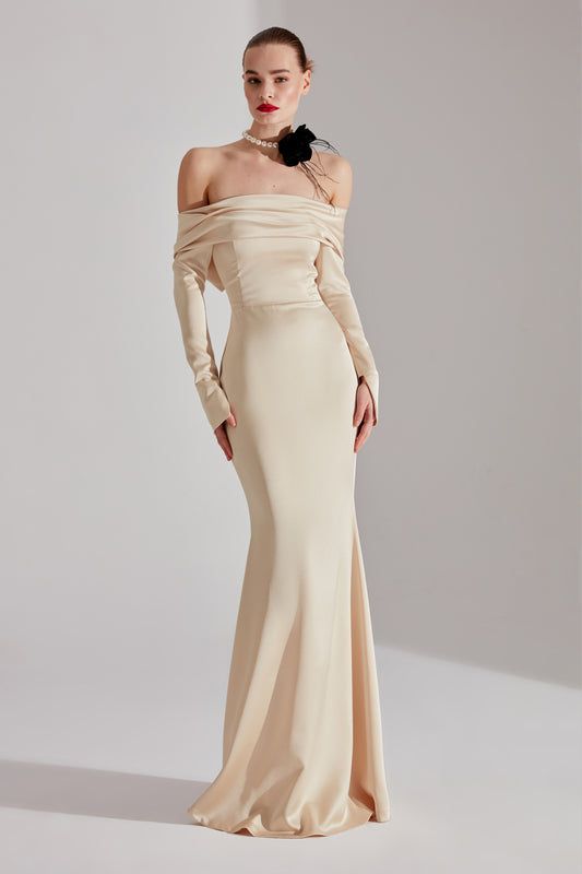 Clara CHAMPAGNE Off-Shoulder Fish Tail Dress