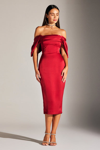 Feroa Koyu Kırmızı Düşük Omuzlu Elbise