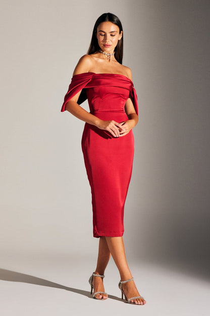 Feroa Dunkelrotes Kleid mit Niedrigem Schulterdesign