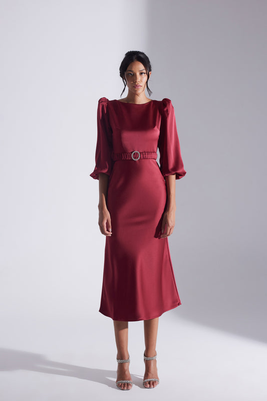 Diana Stone Belted DARK RED Dress