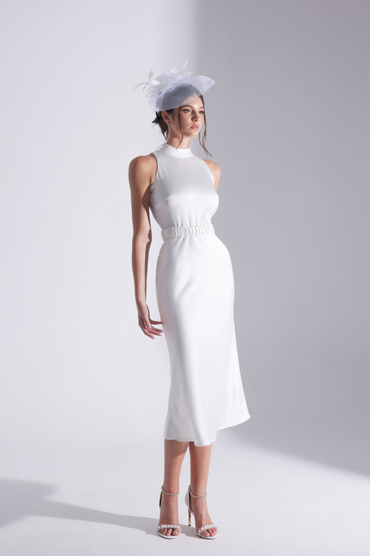Siena Sleeveless Judge Collar White Satin Evening Dress