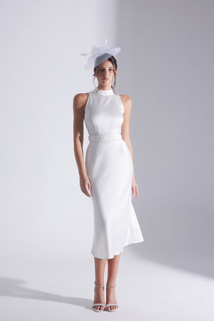 Siena Sleeveless Judge Collar White Satin Evening Dress