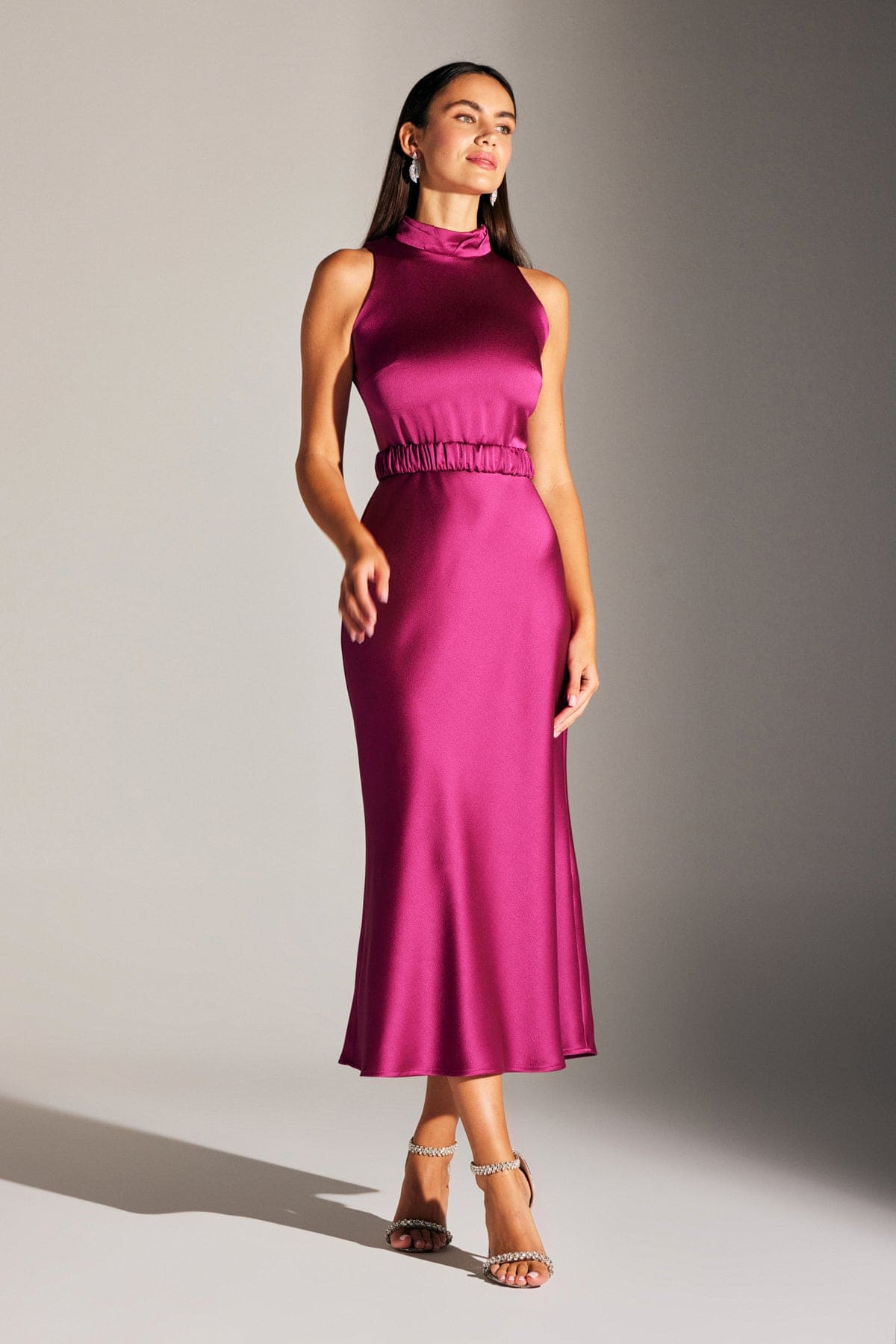 Siena Sleeveless Judge Collar Fuchsia Satin Evening Dress