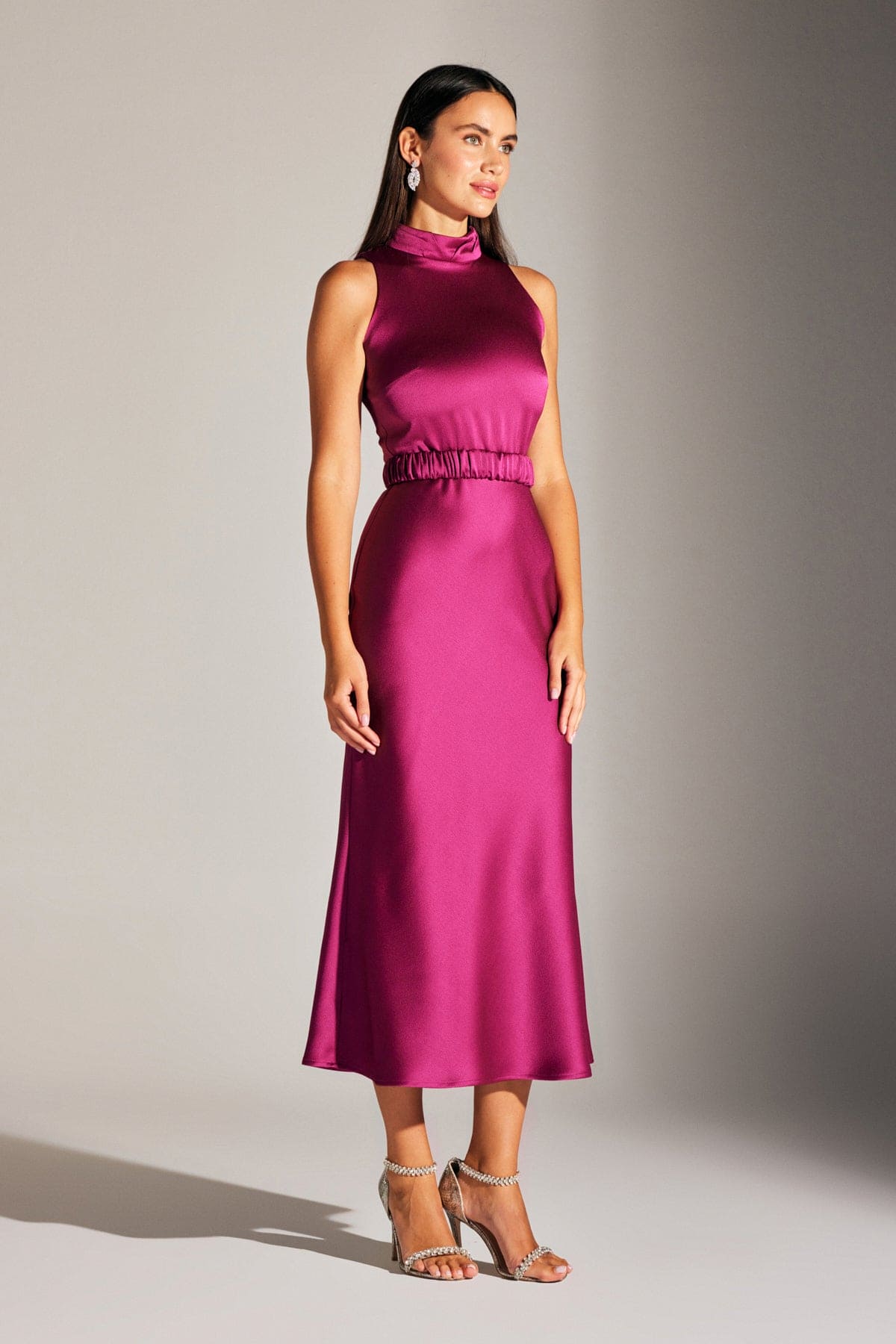 Siena Sleeveless Judge Collar Fuchsia Satin Evening Dress