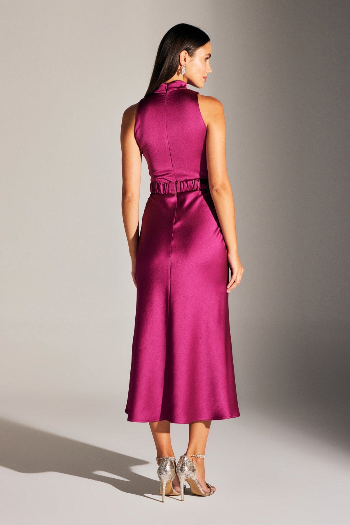 Siena Sleeveless Judge Collar Fuchsia Satin Evening Dress