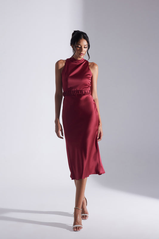 SIENA SLEEVELESS JUDICIAL COLLAR DARK RED SATIN EVENING DRESS