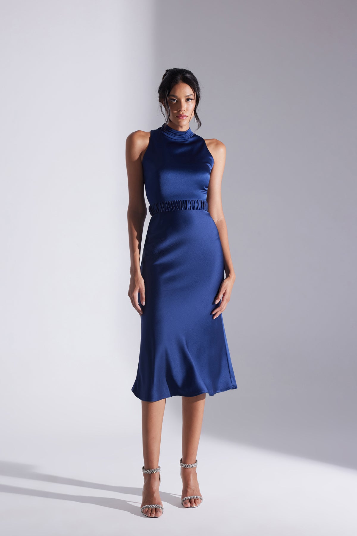 SIENA SLEEVELESS JUDICIAL COLLAR DARK BLUE SATIN EVENING DRESS