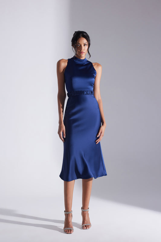 SIENA SLEEVELESS JUDICIAL COLLAR DARK BLUE SATIN EVENING DRESS