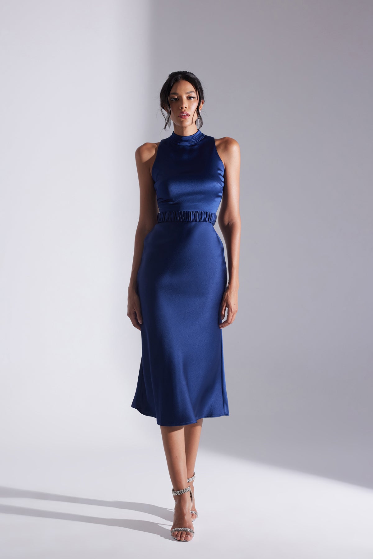 SIENA SLEEVELESS JUDICIAL COLLAR DARK BLUE SATIN EVENING DRESS