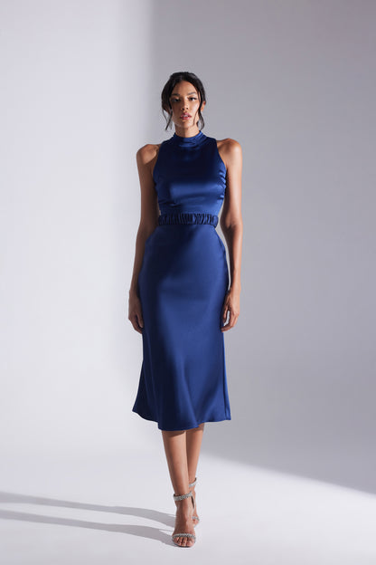 SIENA SLEEVELESS JUDICIAL COLLAR DARK BLUE SATIN EVENING DRESS